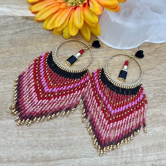 Handmade Beaded Long Tassel Fringe Dangle Drop Lightweight Post Hoop Earrings - Picture 7 of 10
